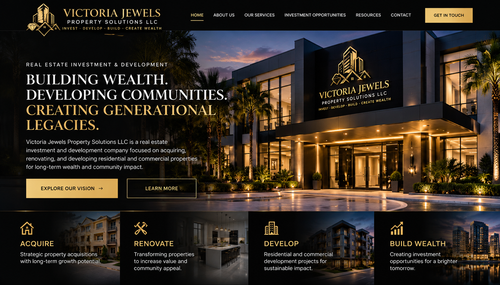 Approved Victoria Jewels black-and-gold luxury website design featuring architectural imagery and the company's investment vision